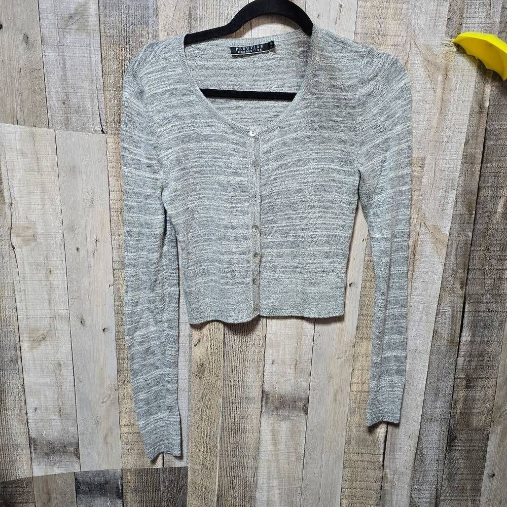 Peruvian Connection Grey Heather Long Sleeve Pima Cotton Blend Knit Cardigan